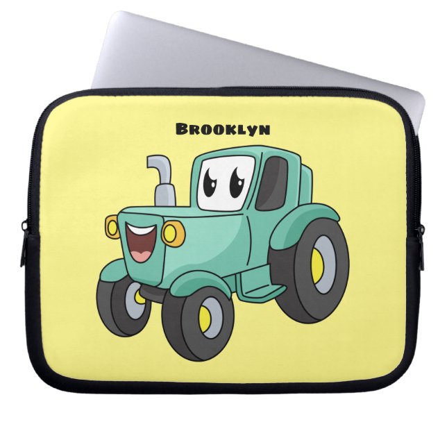 Cute happy green tractor cartoon laptop sleeve (Front)
