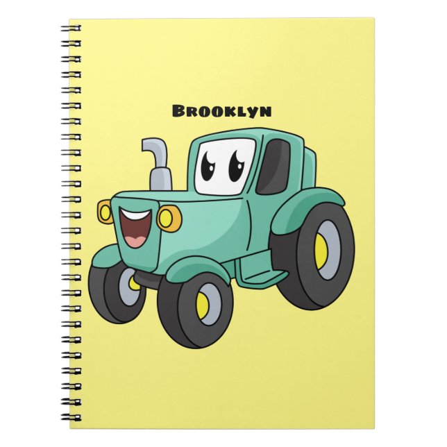 Cute happy green tractor cartoon notebook (Front)
