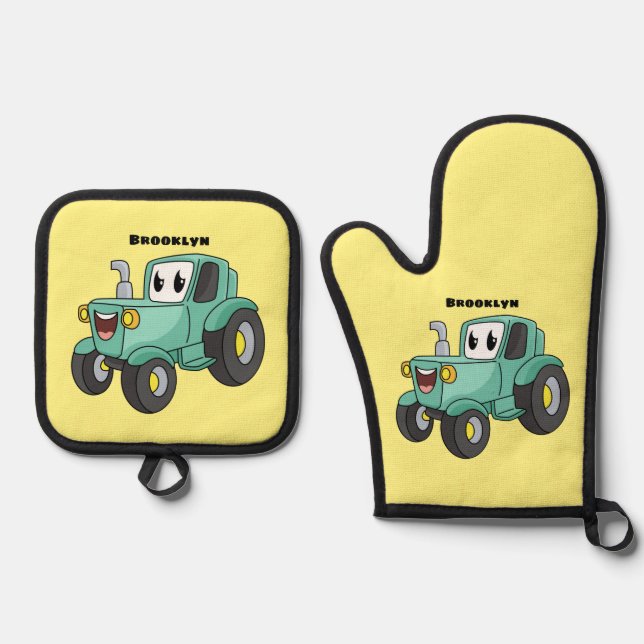 Cute happy green tractor cartoon oven mitt & pot holder set (Front)