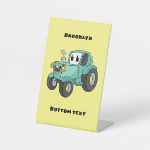 Cute happy green tractor cartoon pedestal sign