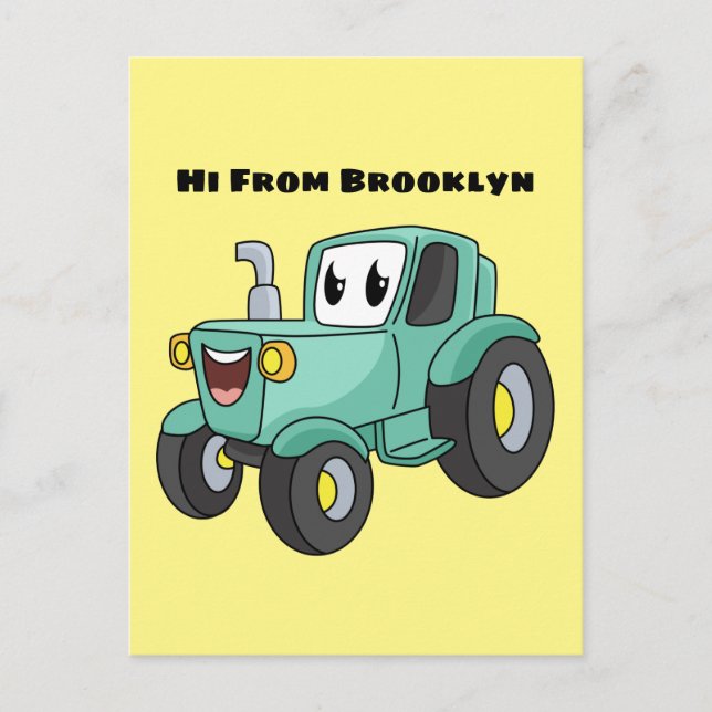 Cute happy green tractor cartoon postcard (Front)