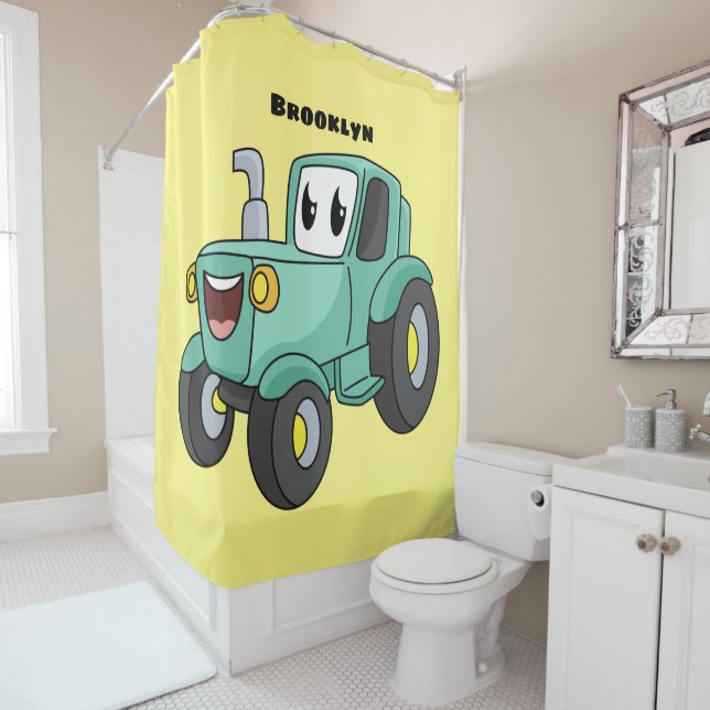 Cute happy green tractor cartoon shower curtain (In Situ)