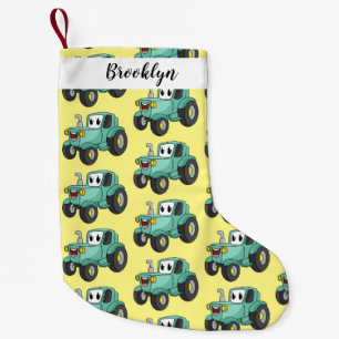 Cute happy green tractor cartoon small christmas stocking