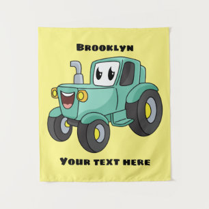 Cute happy green tractor cartoon tapestry