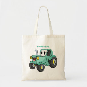 Cute happy green tractor cartoon tote bag