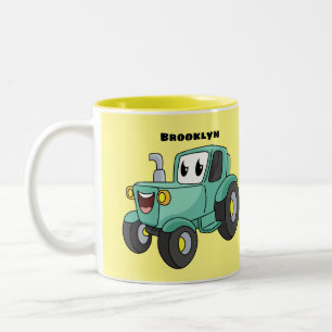 Cute happy green tractor cartoon Two-Tone coffee mug