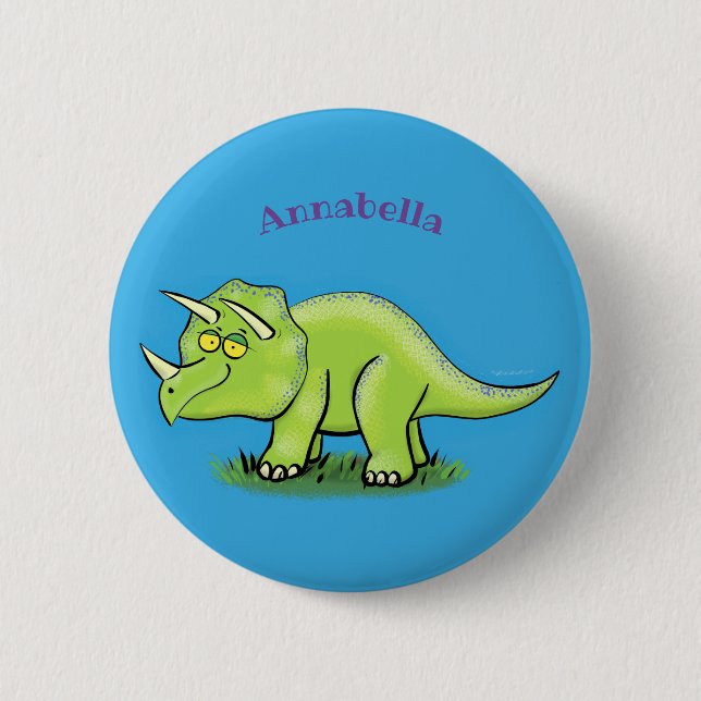 Cute happy green triceratops dinosaur cartoon 6 cm round badge (Front)