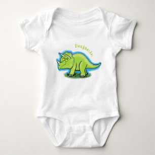 Cute happy green triceratops dinosaur cartoon baby bodysuit