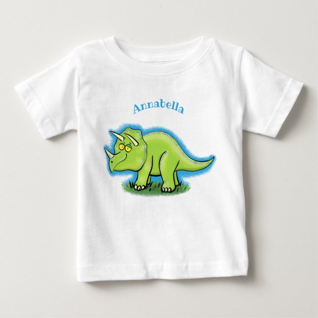Cute happy green triceratops dinosaur cartoon baby T-Shirt (Front)