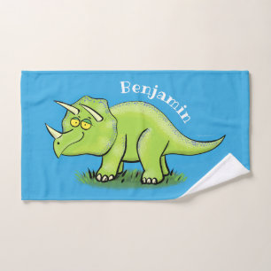 Cute happy green triceratops dinosaur cartoon bath towel set