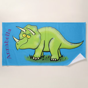 Cute happy green triceratops dinosaur cartoon beach towel