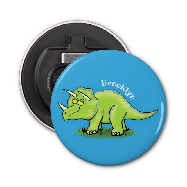 Cute happy green triceratops dinosaur cartoon bottle opener (Front)