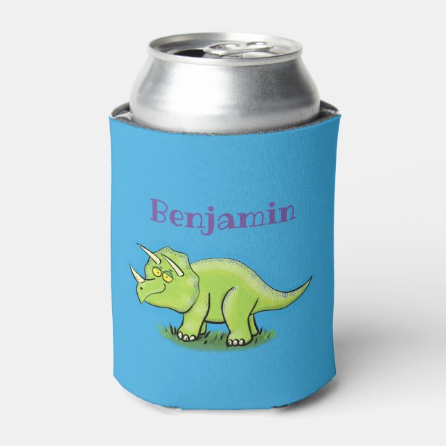 Cute happy green triceratops dinosaur cartoon can cooler (Can Front)