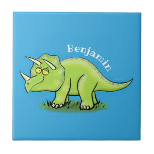 Cute happy green triceratops dinosaur cartoon ceramic tile