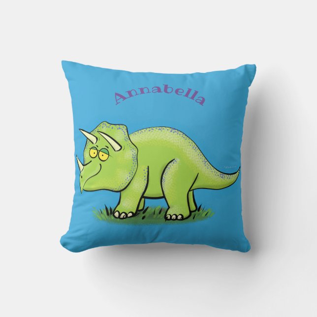 Cute happy green triceratops dinosaur cartoon cushion (Front)