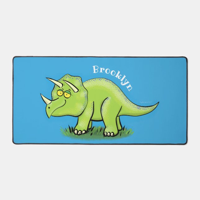 Cute happy green triceratops dinosaur cartoon desk mat (Front)