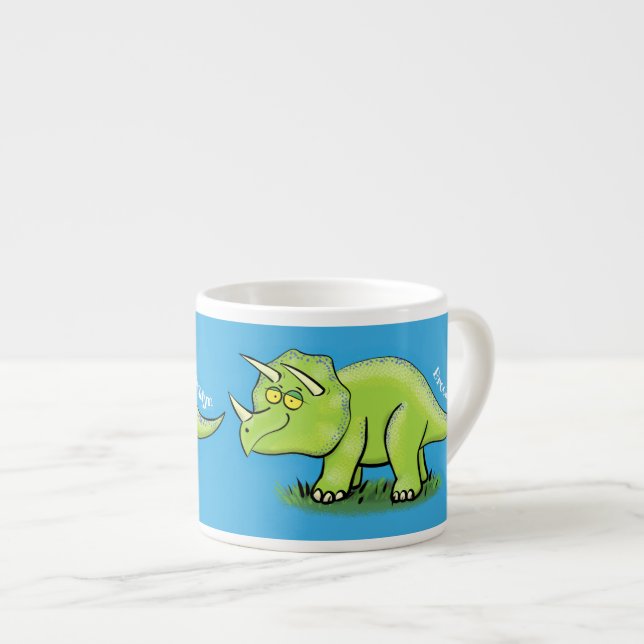Cute happy green triceratops dinosaur cartoon espresso cup (Front Right)