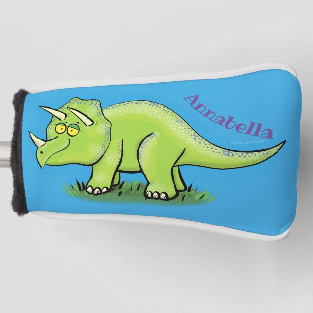 Cute happy green triceratops dinosaur cartoon golf head cover (Front)