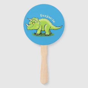 Cute happy green triceratops dinosaur cartoon hand fan