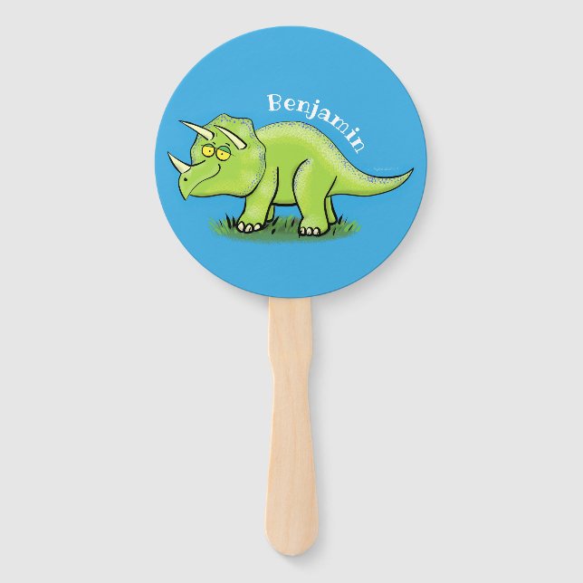 Cute happy green triceratops dinosaur cartoon hand fan (Front)