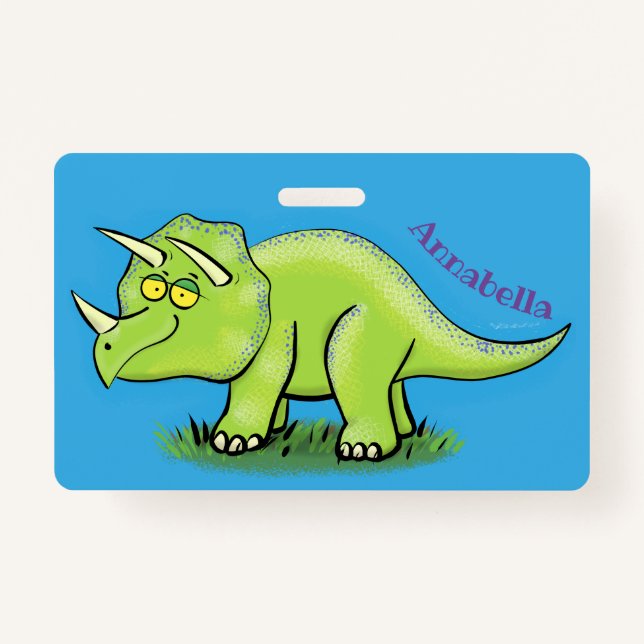 Cute happy green triceratops dinosaur cartoon ID badge (Front)