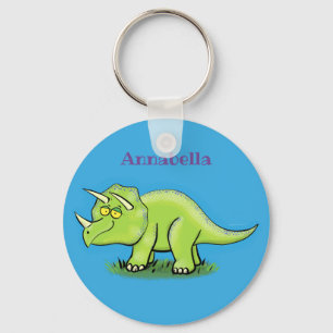 Cute happy green triceratops dinosaur cartoon key ring