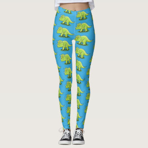 Cute happy green triceratops dinosaur cartoon leggings