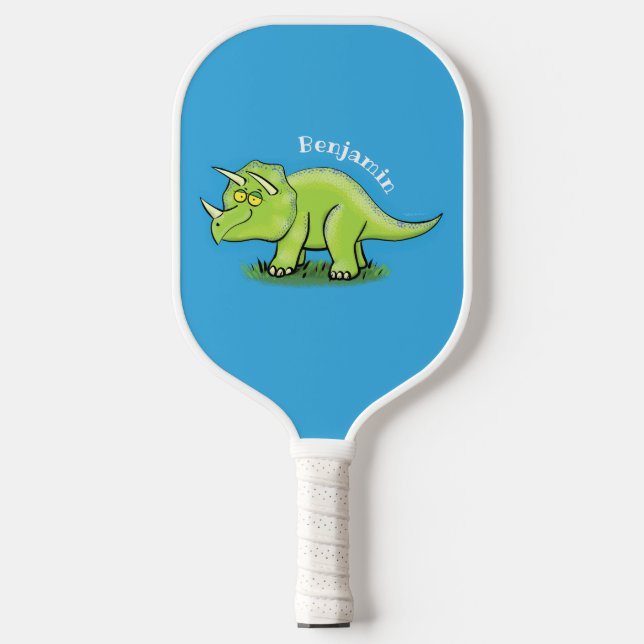 Cute happy green triceratops dinosaur cartoon  pickleball paddle (Front)