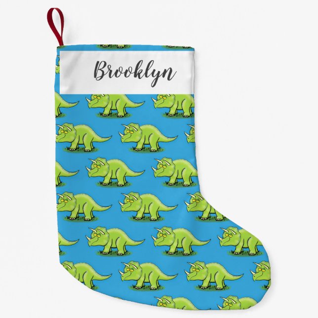 Cute happy green triceratops dinosaur cartoon small christmas stocking (Front)