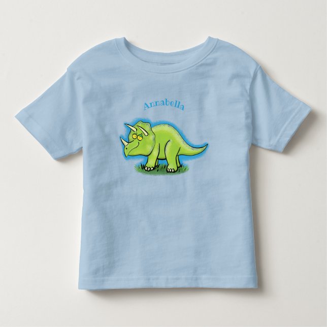 Cute happy green triceratops dinosaur cartoon toddler T-Shirt (Front)