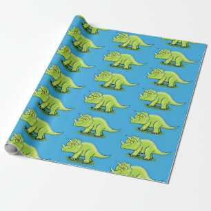 Cute happy green triceratops dinosaur cartoon wrapping paper