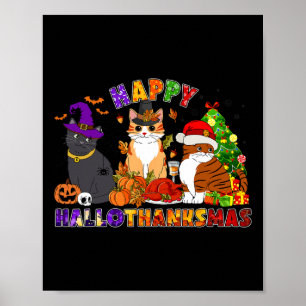Cute Happy Hallothanksmas Black Cat For Black Cat Poster