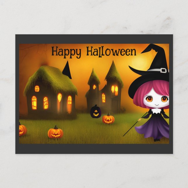 Cute Happy Halloween Anime Witch Pumpkin Postcard (Front)