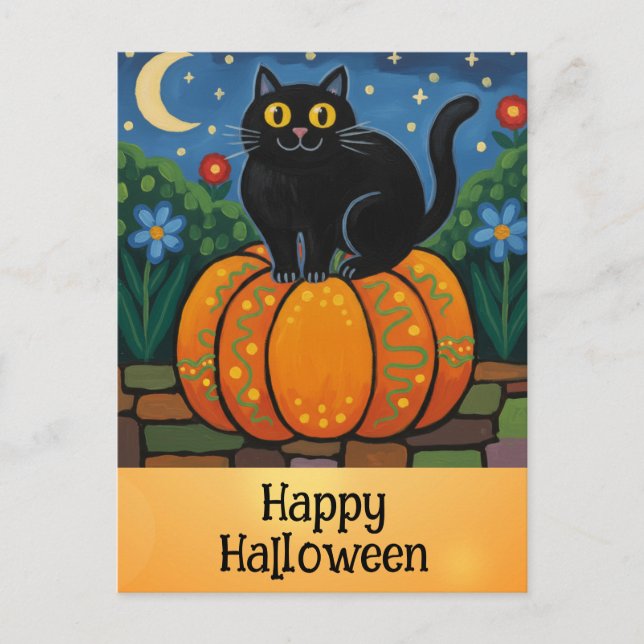 Cute Happy Halloween Black Cat Orange Pumpkin Postcard (Front)