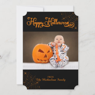 Cute Happy Halloween Bokeh Cobwebs Photo Card