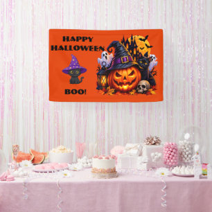 Cute Happy Halloween Boo Pumpkin Witch Cat Party Banner