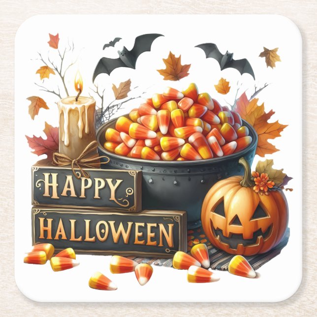 Cute Happy Halloween Candy Corn Paper Coaster (Front)