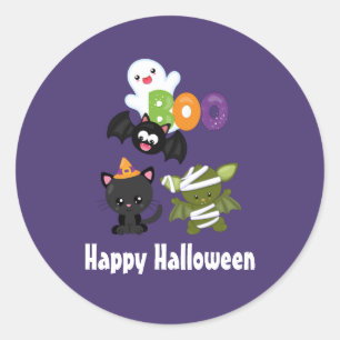 Cute Happy Halloween Cat, Bat, Mummy & Ghost Classic Round Sticker