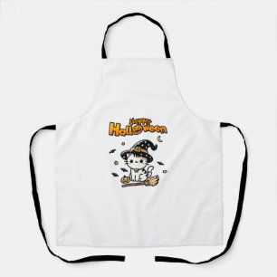Cute Happy Halloween Cat Witch with Bats Pumpkin a Apron