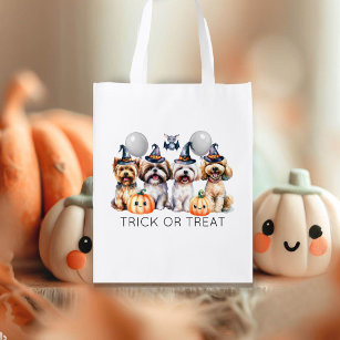 Cute Happy Halloween Dogs Trick or Treat Reusable Grocery Bag