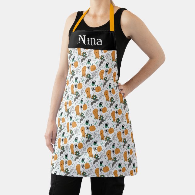 Cute Happy Halloween Doodles Illustration Name Apron (Insitu)