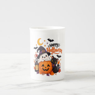 Cute Happy Halloween Ghost Pumpkin Black Cat Bone China Mug