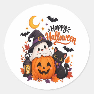 Cute Happy Halloween Ghost Pumpkin Black Cat Classic Round Sticker
