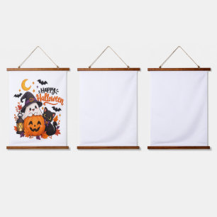Cute Happy Halloween Ghost Pumpkin Black Cat Hanging Tapestry
