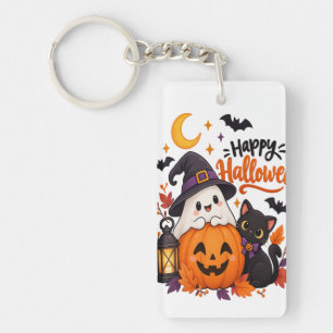 Cute Happy Halloween Ghost Pumpkin Black Cat Key Ring
