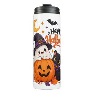 Cute Happy Halloween Ghost Pumpkin Black Cat Thermal Tumbler