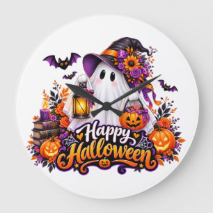 Cute Happy Halloween Ghost – Spooky & Colourful Large Clock