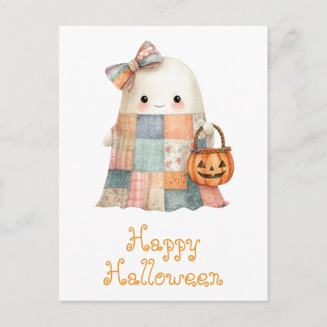 Cute Happy Halloween Ghost Trick or Treat Pumpkin Postcard (Front)