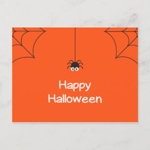 Cute Happy Halloween Hanging Spider with Web Postcard