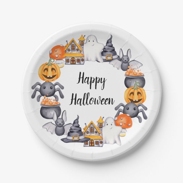 Cute Happy Halloween Illustration Paper Plates (Front)